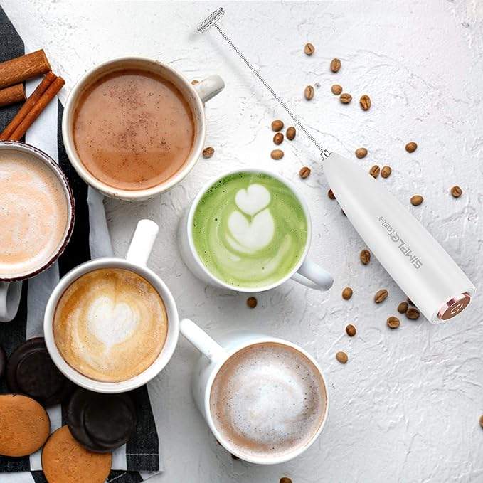 SIMPLETASTE Milk Frother Handheld Electric Foam Maker, Drink Mixer with Stainless Steel Whisk for Cappuccino, Bulletproof Coffee, Latte, White, with Stand, Battery Operated