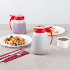 Restaurantware-Chef 101 48 Ounce All Purpose Syrup Dispenser, 1 Honey Dispenser - Red Top, Stainless Steel Slide Cover, Plastic Pancake Syrup Bottle, Perfect For Diners, Restaurants, Home