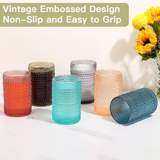 JOVGANK Colored Vintage Hobnail Drinking Glasses Set of 6, Water Tumbler 15oz, Kitchen & Bar Beaded Highball Glasses, Beverage Glass Cups for Water, Beer, Juice, Housewarming and Mother's Day Gift