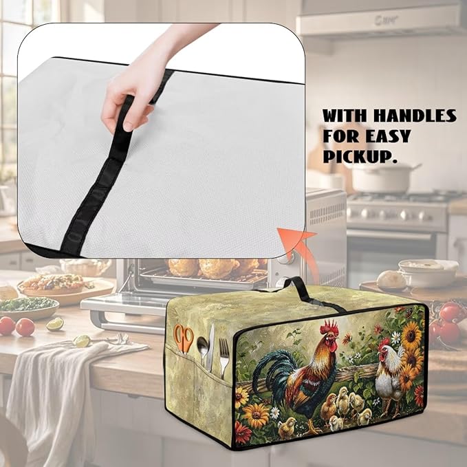 Rooster Sunflower Print Toaster Oven Dust-proof Cover Heat-Resistant Kitchen Small Appliance Air Fryer Covers Universal Washable Microwave Oven Covers (Large-18.5 * 22.5 * 12.99 inches)