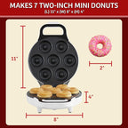 Mini Donut Maker, Durable, Nonstick Easy to Use Mini Baking Machine - Cooks 7 Mini Doughnuts at a Time - Glazed, Frosted with Sprinkles, Nuts, or Vegan Donuts, & More (White)
