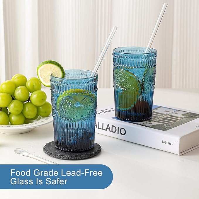 ZMOWIPDL Vintage Glassware Drinking Glasses Set of 6,13 oz Blue Textured Flower Design Glass Water Tumblers，Embossed Striped Drinkware for Water,Cocktails,Juice,Iced Coffee