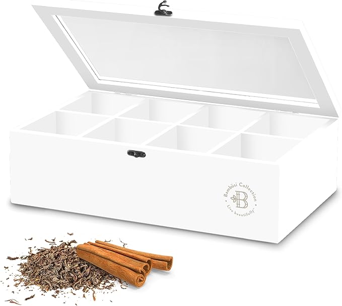 Tea Bag Organizer - White Bamboo Tea Box Organizer Storage Box, Tea Bag Holder with Acrylic Window, Magnetic Lid Keeps Tea Bags Fresh - Tea Organizer Caddy (Tea Not Included) Christmas Gift