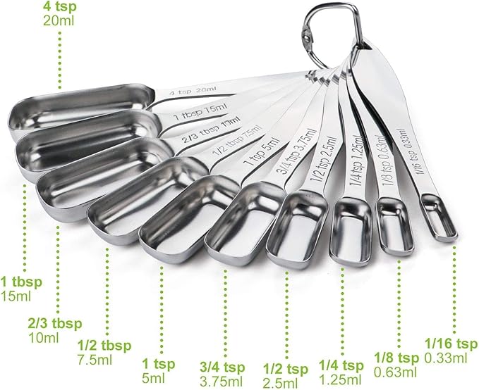 FANGSUN Narrow Measuring Spoons Set of 10, Heavy-Duty Stainless Steel Measuring Spoons with Long Handles & Engraved Measurements, Fits in Spice Jars, for Baking & Cooking