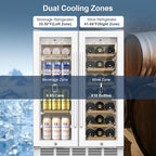 Wine and Beverage Refrigerator, 24 Inch Beverage Cooler Dual Zone with Glass Door, Under Counter Beverage Fridge with Upgraded 65 Cans 18 Bottles Large Capacity, White