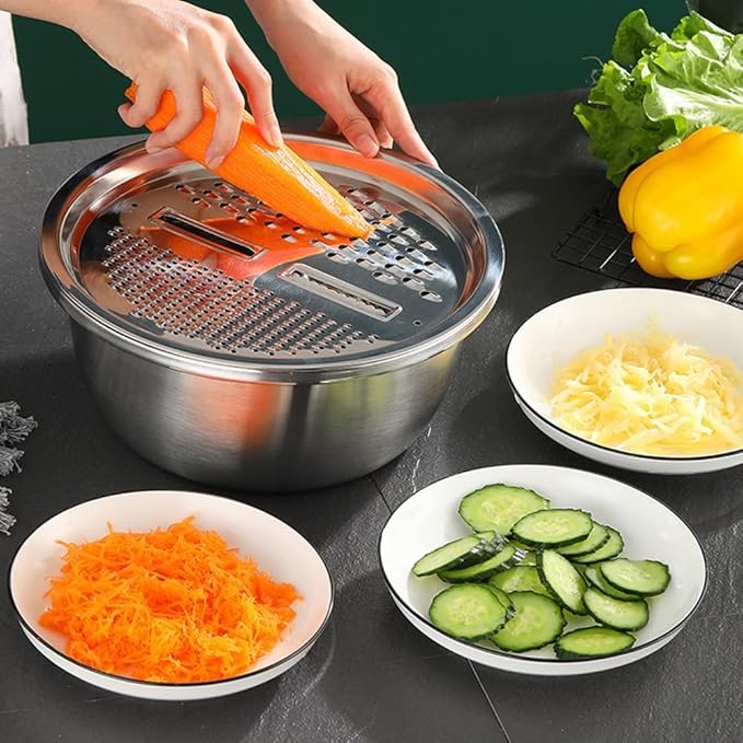Germany Multifunctional Stainless Steel Basin, 3 in 1 Vegetable Grater Julienne Slicer Stainless Steel Colander, Fruit Slicer for Kitchen Vegetable Slicer Grater Strainer Drain Basket (11.8in, Silver)
