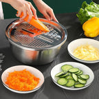 Germany Multifunctional Stainless Steel Basin, 3 in 1 Vegetable Grater Julienne Slicer Stainless Steel Colander, Fruit Slicer for Kitchen Vegetable Slicer Grater Strainer Drain Basket (11.8in, Silver)