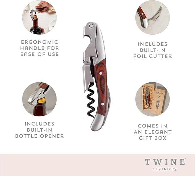 Twine Double Hinged Waiters Corkscrew Wine Opener in Wooden Gift Box, Durable Stainless Steel with Built-in Bottle Opener and Foil Cutter for Home Bar, Kitchen, Travel, Gifts for Wine Lovers, Set of 1