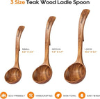 Wooden Ladle for Soup, 3 Size Teak Wood Ladle Spoon with Back Hooks, Heat Resistant Wooden Spoons for Cooking, Non-Stick, Comfortable Grip, Wood Kitchen Utensils Set for Serving, Stirring