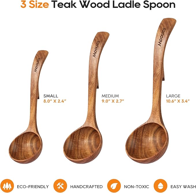 Wooden Ladle for Soup, 3 Size Teak Wood Ladle Spoon with Back Hooks, Heat Resistant Wooden Spoons for Cooking, Non-Stick, Comfortable Grip, Wood Kitchen Utensils Set for Serving, Stirring