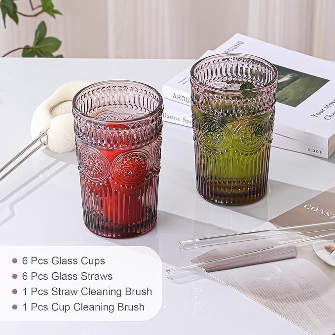 ZMOWIPDL Vintage Glassware Drinking Glasses Set of 6,13 oz Purple Textured Flower Design Glass Water Tumblers，Embossed Striped Drinkware for Water,Cocktails,Juice,Iced Coffee