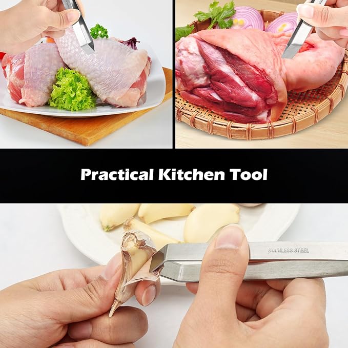 Fish Bone Tweezers, Flat and Slant Tweezers Set, Heavy Duty Stainless Steel Kitchen Tools for Removing Salmon Bones, Chicken Feathers and Pig Bristles, Dishwasher Safe