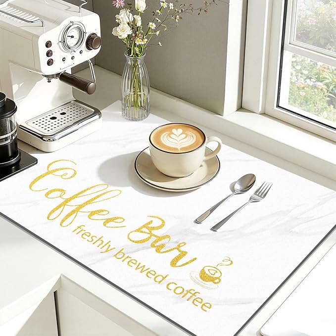 Findosom Dish Drying Mat, 12"x 20" Super Absorbent & Hide Stain Coffee Mat, Cuttable Drying Mat for Kitchen Counter, Coffee Bar Accessories, Under Dish Rack, Coffee Maker, Espresso Machine, White