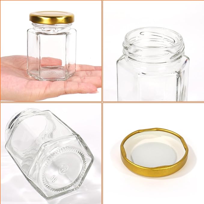 BIGIVACA 3 oz Hexagon Mini Glass Honey Jars with Wood Dippers,48 Pack Small Honey Jars with Gold Lids,Bee Pendants,Jutes,Bee Stickers,Perfect for Baby Shower,Wedding Favors,Party Favors