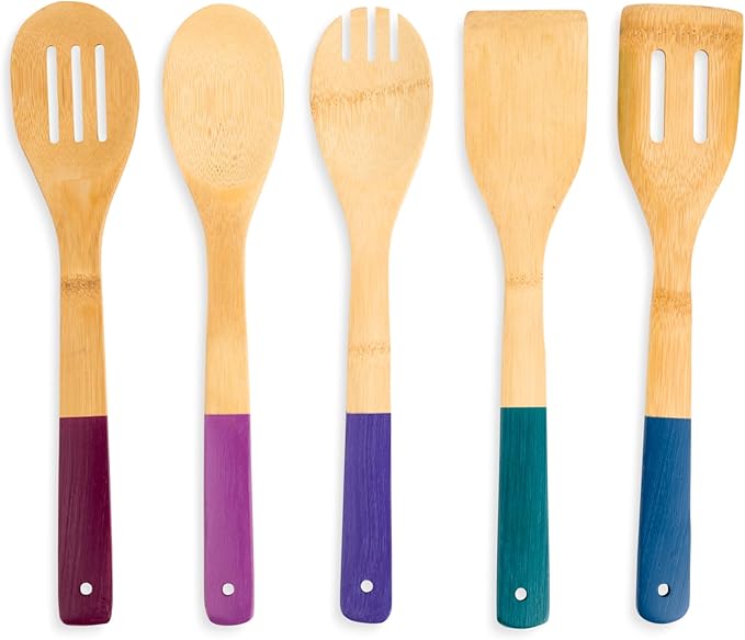 5 Piece Bamboo Kitchen Utensil Set - Includes Spoon, Slotted Spoon, Spork, Spatula and Solid Turner - Florence