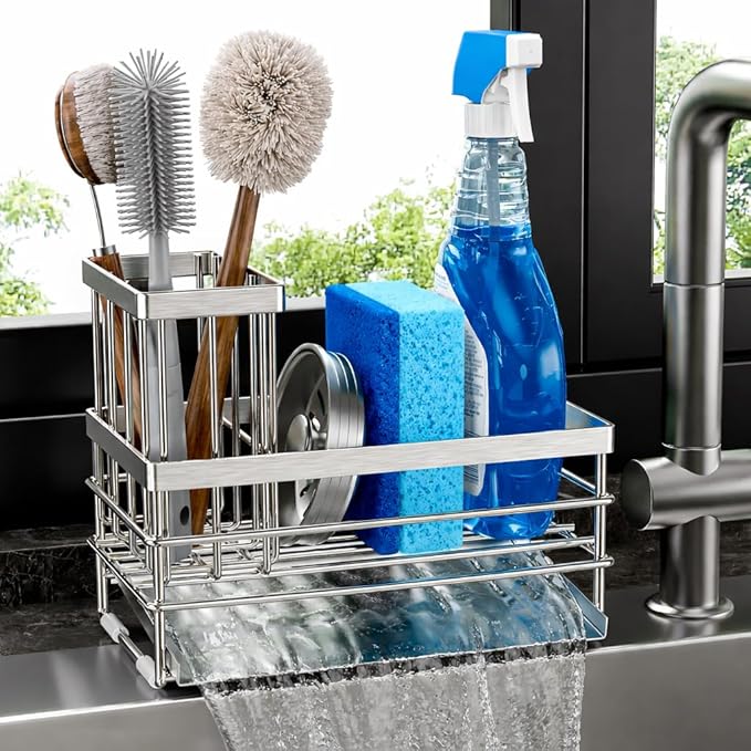 Cisily Sink Caddy Sponge Holder for Kitchen with Brush Holder and Stainless Steel Self Drain Tray, Rustproof Kitchen Sink Organizer for Sponge, Soap Dispenser Storage Accessories (Stainless Steel)