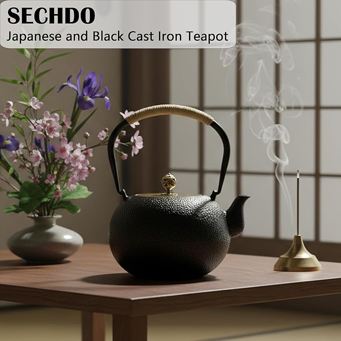 40.6oz Cast Iron Teapot for Stovetop, Japanese Tetsubin with Enamel, Black Tea Pot with Stainless Steel Infuser for Loose Tea, 1200ml Small Tea Kettle(Spherical Shape)