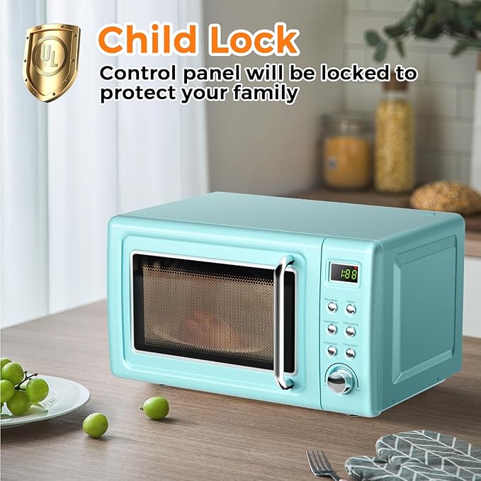 LDAILY 0.7Cu.ft Retro Small Microwave Oven, 700W Compact Countertop Microwave with 5 Power Levels, Auto Cooking Menus, Glass Turntable, Child Lock & Glass Turntable for Apartment, Dorm (Green)