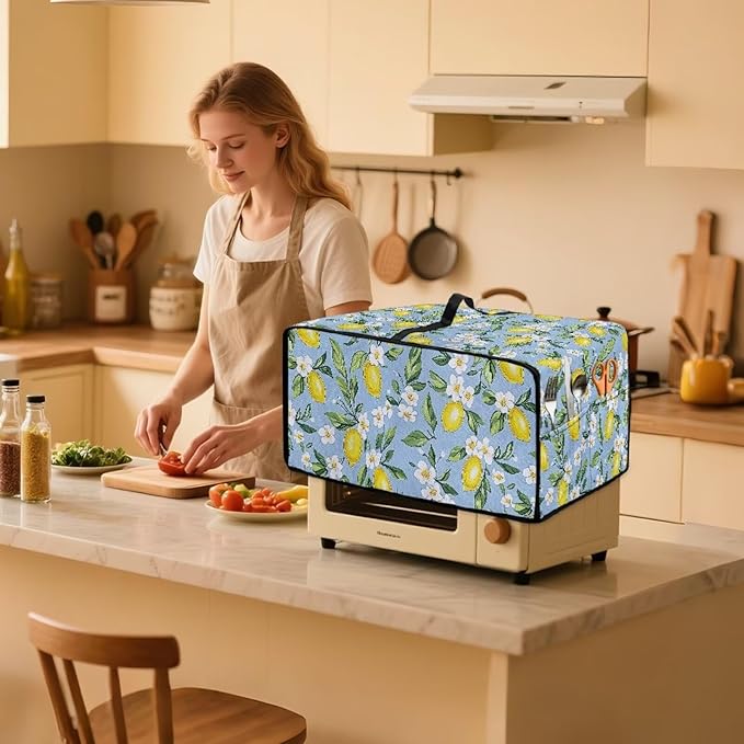 Lemon Daisy Print Toaster Oven Heavy Duty Cover with Pockets, Dust-proof Anti Fingerprint Microwave Oven Cover, Air Fryer Covers for Kitchen Counter (Small-14.5*18.46*9 inches)