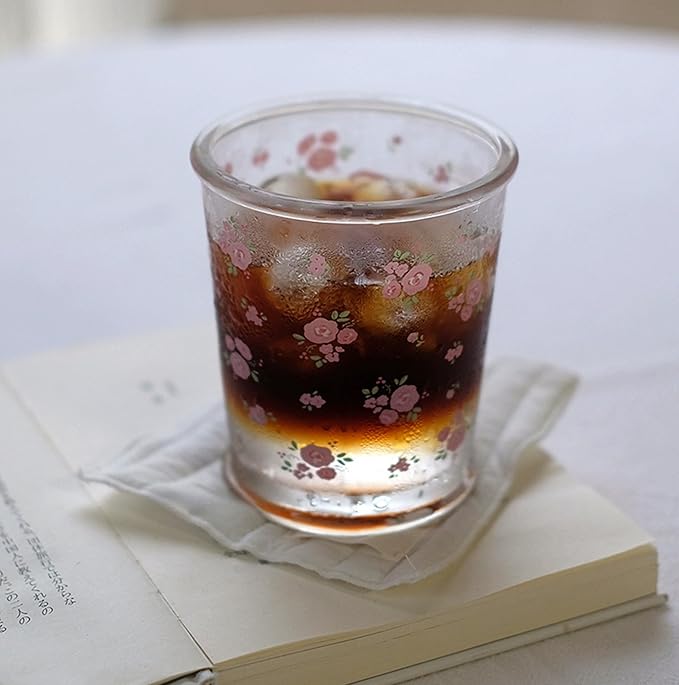 Set of 2 12 OZ Floral Drinking Glasses French Glass Coffee Cup Cute Bow Flower Glass Cups for Iced Coffee,Tea,Juice,Milk,Latte,Dessert,Stackable Glassware Drinkware Set(pink floral)