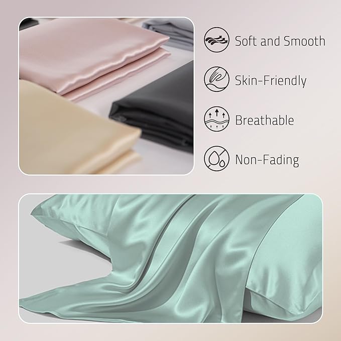 Mulberry Silk Pillowcases Set of 2, Both Sides Real Silk Pillow Covers for Hair and Skin Prevent Acne Pillowcase Organic Silk Pillowcase 2 Pack with Hidden Zipper, Sage Green, King (20"×36")