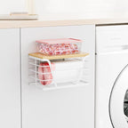 Small Grocery Bag Holder, Trash Bag Dispenser with Removable Bamboo Top, No Drill,White