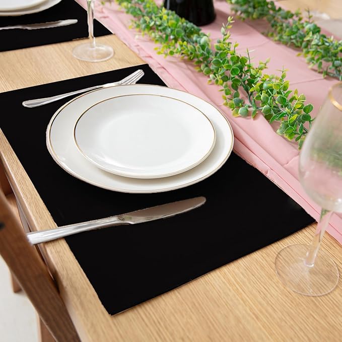 Linen Fabric Placemats Set of 6, Machine Washable, Heat Resistant, Wrinkle Free, Thick Polyester Kitchen Place Mats for Dining Table (Black)