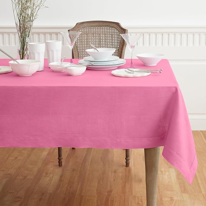 Solino Home Linen Tablecloth for Rectangle Tables 60 x 90 Inch - 100% Pure Linen Flamingo Pink Table Cloth - Fete, Machine Washable Cloth Tablecloth