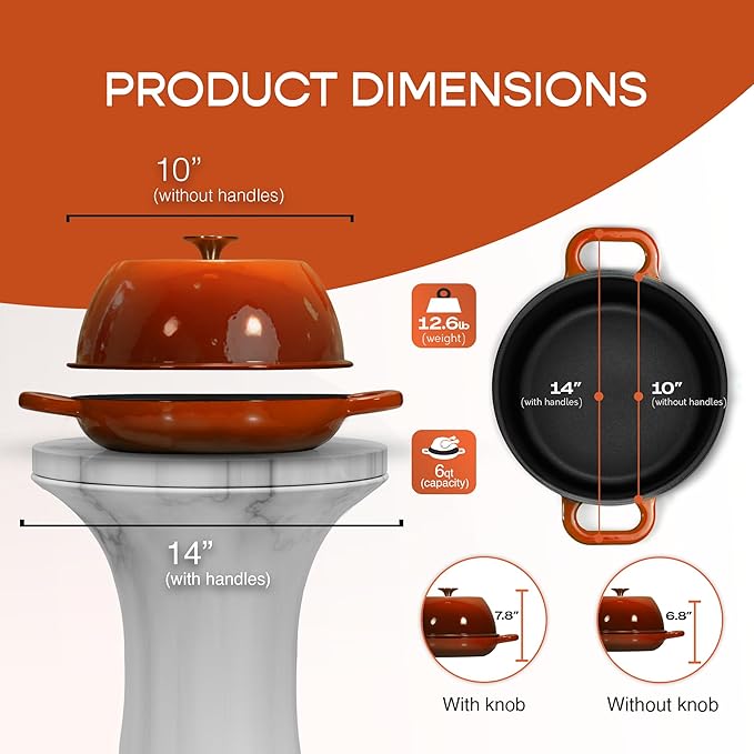 Enameled Cast Iron Dutch Oven for Sourdough Bread Baking | 6 Quart Pot with Lid | 10 Inch Ceramic Enamel Thick Coated Cookware Set with Non Stick Silicone Baking Mat for Cooking | 6 Qt |