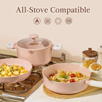 CAROTE Pots and Pans Set Nonstick, Ceramic Cookware Set, Pink Cooking Set Kitchen Induction Set with Steamer, PFAS PTFE Free,9 Piece