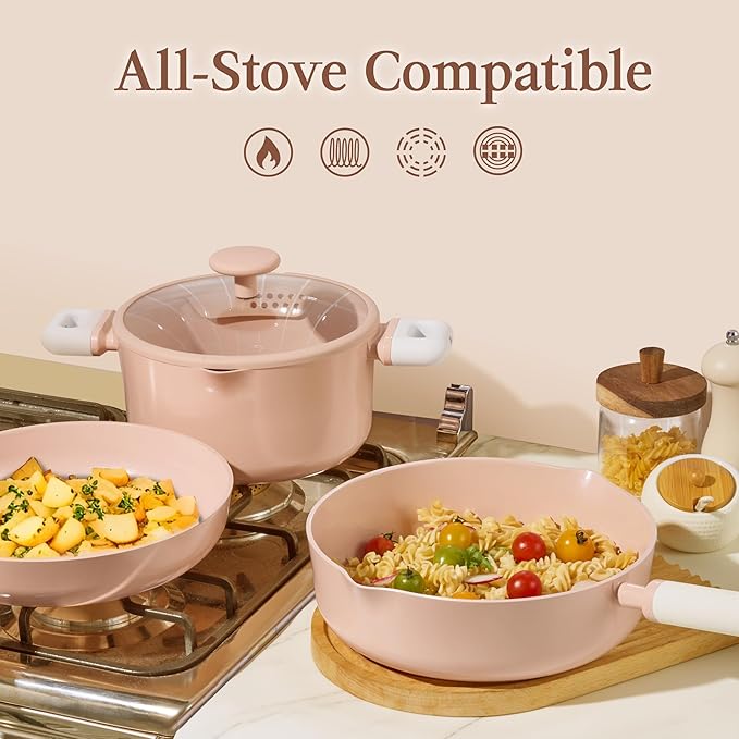 CAROTE Pots and Pans Set Nonstick, Ceramic Cookware Set, Pink Cooking Set Kitchen Induction Set with Steamer, PFAS PTFE Free,9 Piece