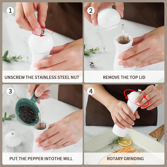 SHIKORI Manual Wooden Salt and Pepper Mills Shakers, 6.5 inch Salt and Pepper Grinders Set,Ceramic Rotor with Strong Adjustable Coarseness-Set-2 Pcs
