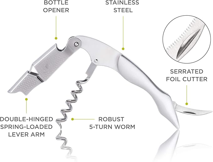True Sommelier Waiters Corkscrew Wine Opener, Stainless Steel with Built-in Bottle Opener and Sharp Foil Cutter for Bartenders, Home Bar, Kitchen, Travel, Gifts for Wine Lovers, Set of 1, Silver