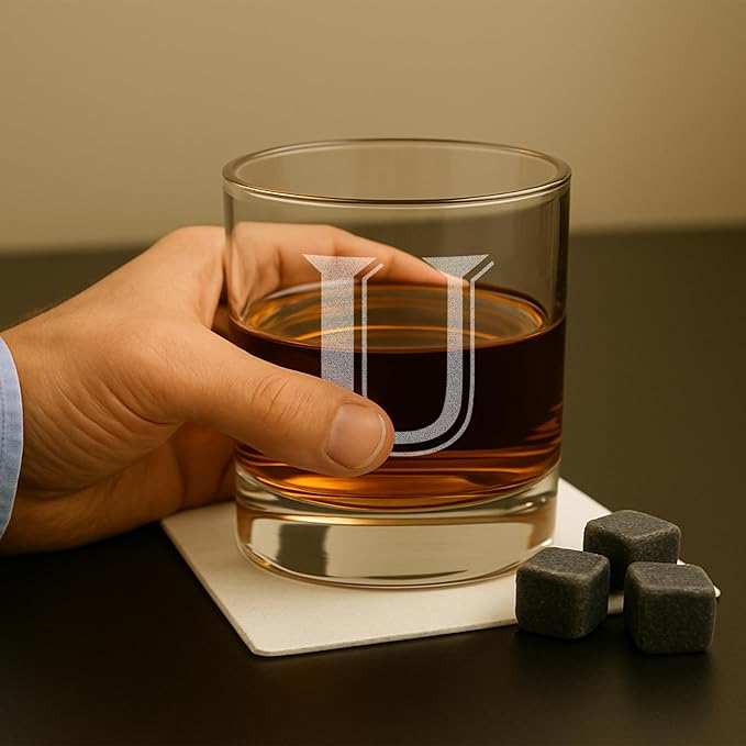 Monogrammed Gifts for Men - 4PC 11 Oz Custom Whiskey Glasses (U-Monogram) - Engraved Whiskey Glasses - Personalized Whiskey Glasses - Unique Bourbon Glasses - Personalized Glass Gifts for Dad