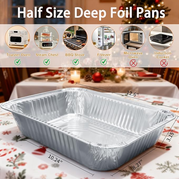 Aluminum Foil Pans 9x13 - Disposable Half Size Deep Steam Table Tin Foil Pans for Oven Baking Cake, Roasting Turkey, Food Prepping, Storing, Freezing, Chafing (30 Pack)