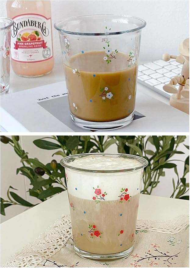 Set of 2 12 OZ Floral Drinking Glasses French Glass Coffee Cup Cute Flower Glass Cups for Iced Coffee,Tea,Juice,Latte,Milk,Dessert,Stackable Glassware Drinkware Set(red white)