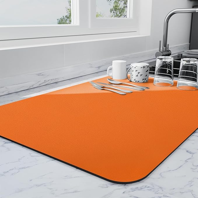 Ecotrim - Dish Drying Mat for Kitchen Counter | Coffee Bar Mat for Countertops | Heat Resistant Drainer Mat with Non-slip Rubber Backed | Hide Stain Kitchen Absorbent Draining Mat | Orange 18"x32"