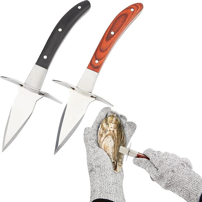 Oyster Shucking Knife Set of 2 with Cut Resistant Glove, Stainless Steel Oyster Opener Tool, Wood Handle Shellfish Shucker for Oysters Clams Scallops Mussels Seafood Tools