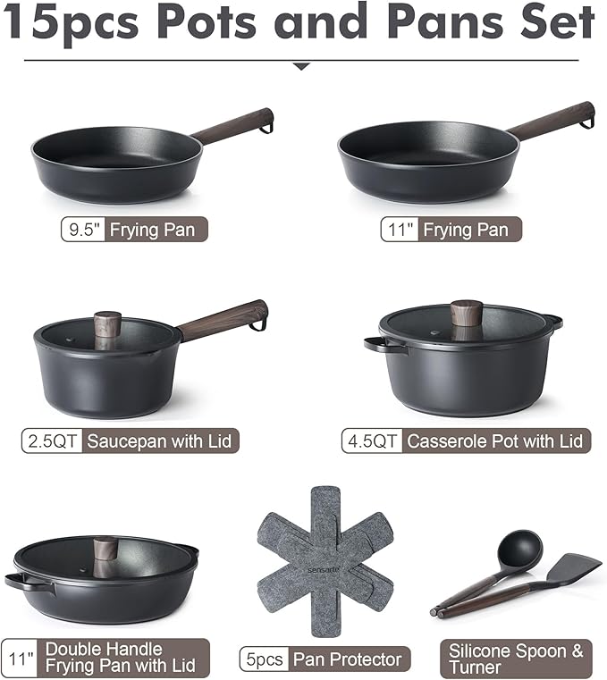 SENSARTE 17Pcs Nonstick Cookware Set Pots and Pans Set Kitchen Cooking Frying Pans with Stay-cool Handle, Dishwasher Safe, Induction Compatible, PFOA/PFOS Free, Black