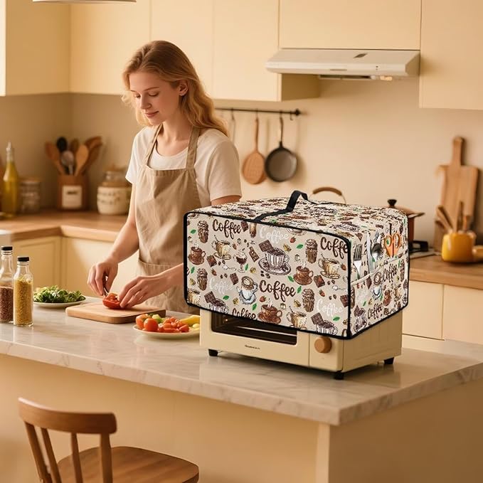 Coffee Chocolate Cake Print Toaster Oven Cover with Top Handle, Heavy Duty Dust-proof Microwave Oven Cover Compatible with Most Toasters Ovens (Small-14.5 * 18.46 * 9 inches)