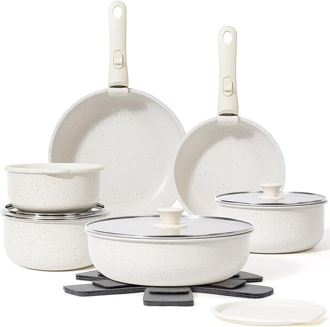 SODAY 18 Pcs Pots and Pans Set Non Stick, Cookware Sets with Detachable Handle, Nonstick RV Kitchen Cooking Tools Removable Handles, Oven Safe, Induction Fast, Stackable Induction Cookware, White