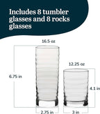 Libbey Pueblo Tumbler and Rocks Glass Set, Wavy and Groovy Drinking Glasses Set, Dishwasher Safe Glasses Drinking Set of 16 for Everyday Family Meals