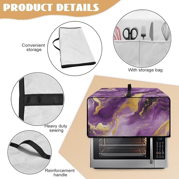 Marble Print Toaster Oven Cover, Dust-proof Heavy Duty Toaster Oven Cover for kitchen, Air Fryer with Accessory Pockets, Gold Violet, (Small-14.5*18.46*9 inches)