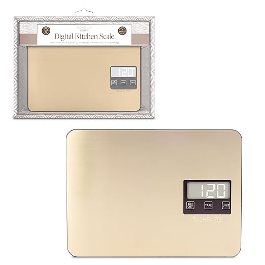 Rachel Zoe Digital Kitchen Food Scale with Non-Slip Base for Home and Kitchen, Measures in Pounds, Grams, Milliliters & Kilograms, Battery Operated Aluminum Electric Scale for Meals, Baking & Diets