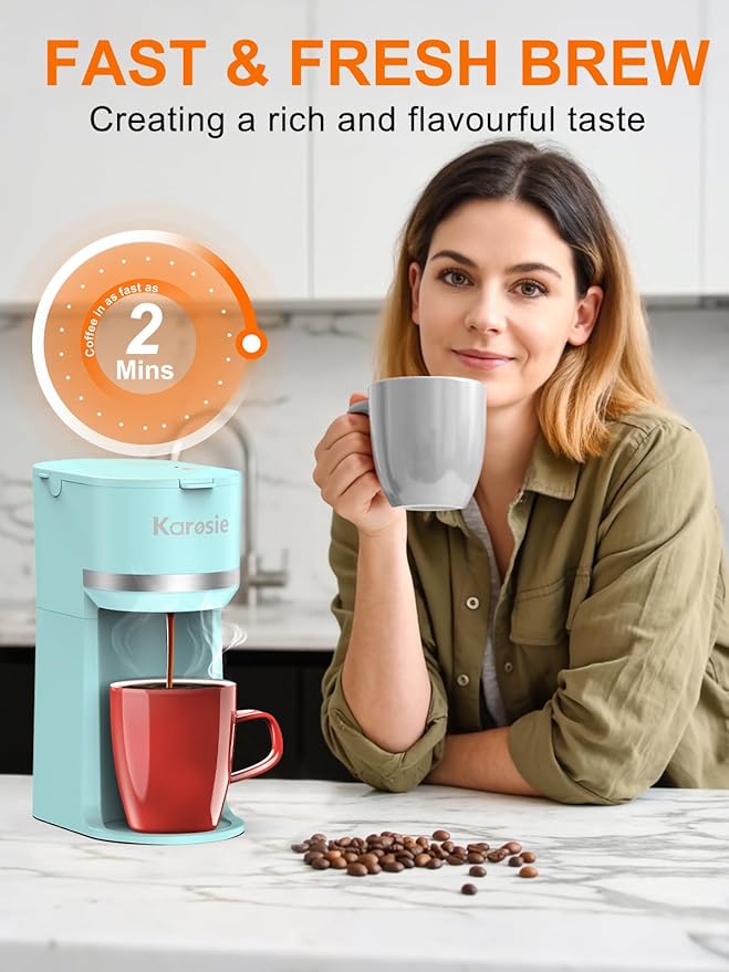 Single Serve Coffee Maker for K-Cup and Ground Coffee, Fast Brew, 6-12 oz Brew Sizes One Cup Coffee Machine Fits 5.5" Mugs, One-Button Small Coffee Maker with Descaling Reminder, Light Blue