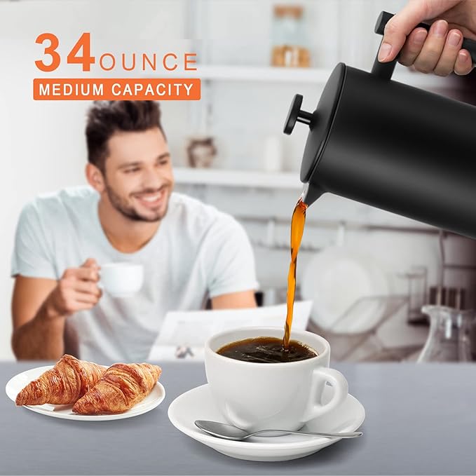 Secura French Press Coffee Maker, 304 Grade Stainless Steel Insulated Coffee Press with 2 Extra Screens, 34oz (1 Litre), Black