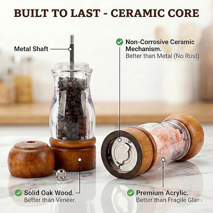 Salt and Pepper Grinder Set Wood and Acrylic - 6.3 Inch Oak Pepper Mill with Visible Window & Storage Tray - Adjustable Coarseness Ceramic Rotor, Manual Spice Grinders for Kitchen Table