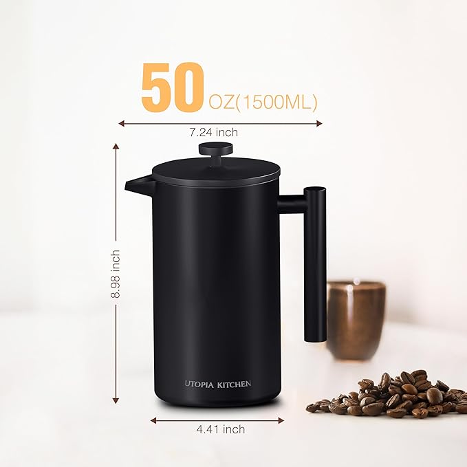 Utopia Kitchen 304 Grade Stainless Steel French Press Coffee Maker 50 Oz, Double Wall Insulated Coffee Press with 4-Level Filtration system, Include 2 Extra Filters, Rust-Free, Black