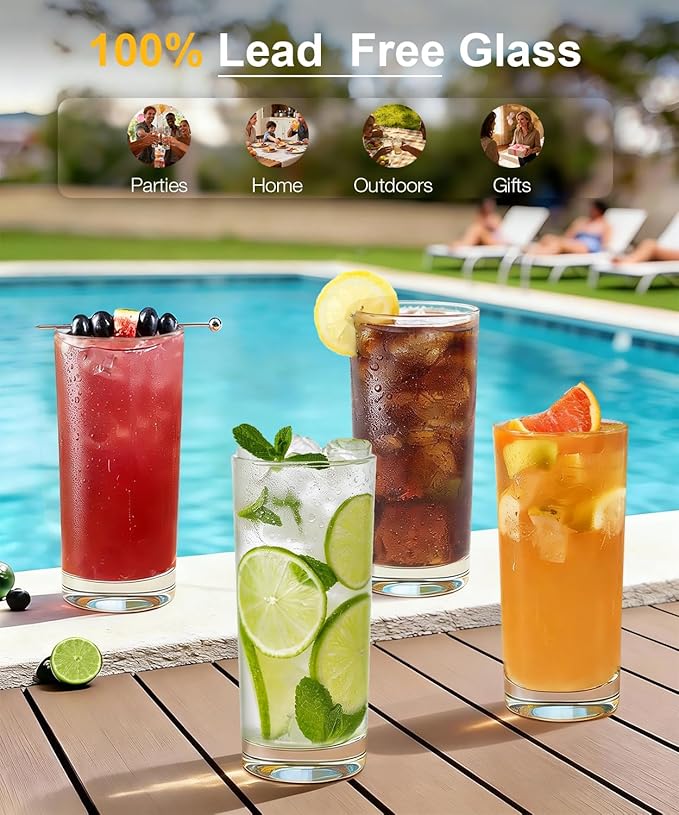 Drinking Water Glasses Set of 4, 15.5oz Highball Glasses, Lead-Free Crystal Glassware with Unique Wide Mouth, Thoughtful Gifts for House Warming, Birthdays, Everyday Life