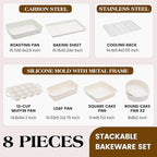 8 Pcs Baking Pans Set, Silicone Bakeware Sets with Metal Reinforced Frame, Nonstick Stackable Carbon Steel Non Toxic Baking Sets for Cooking (Cream)